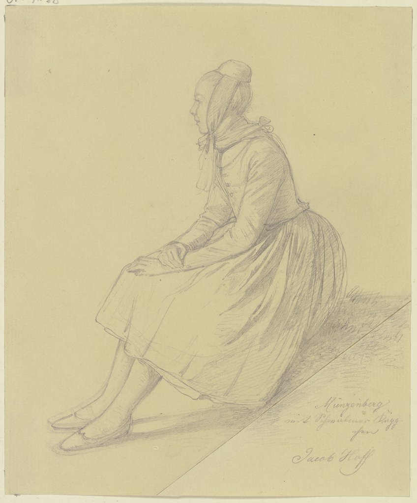 Hessisches Bauernmädchen, ganze Figur sitzend, Profil nach links, Johann Jakob Hoff