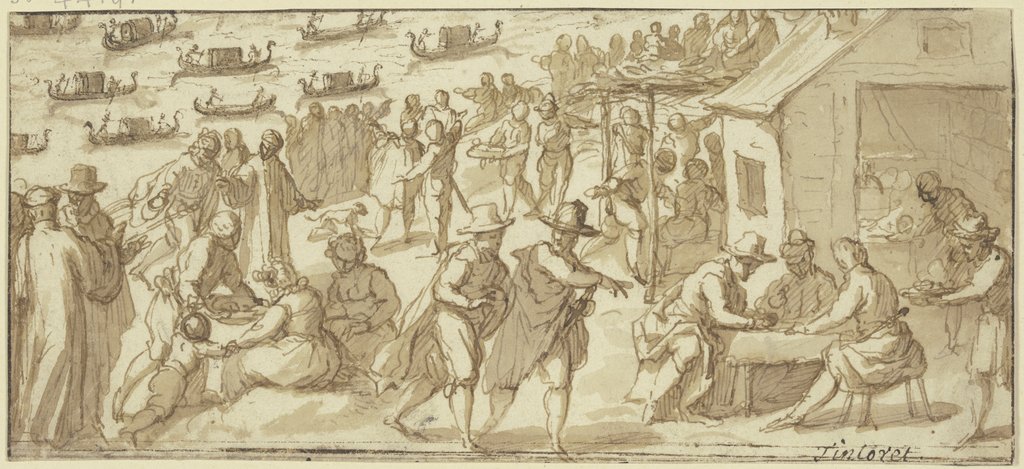 Volksszene am Ufer eines venezianischen Kanals mit Gondeln, Tintoretto;   ?