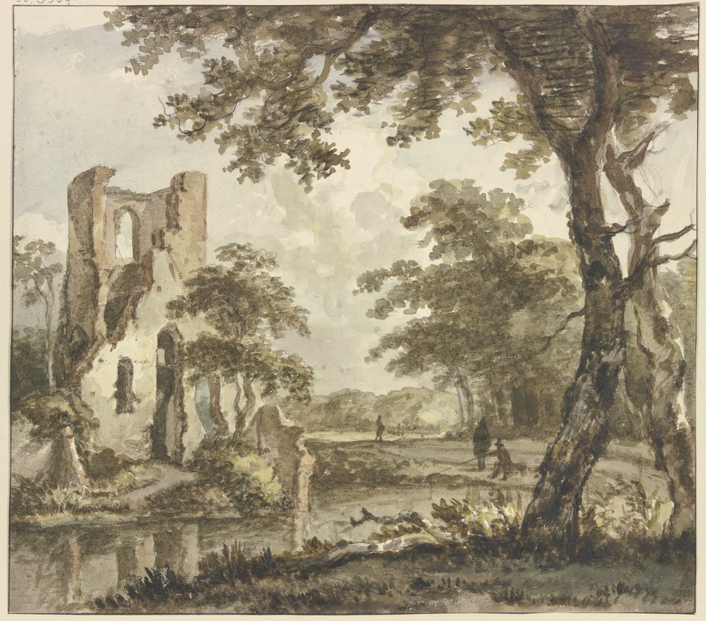 Links am Wasser eine Ruine, rechts ein Angler und zwei weitere Figuren, Jan Hulswit