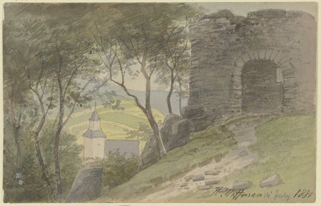 Falkenstein, Ansicht der Ruine mit der Kirche im Tal, Heinrich Adolf Valentin Hoffmann