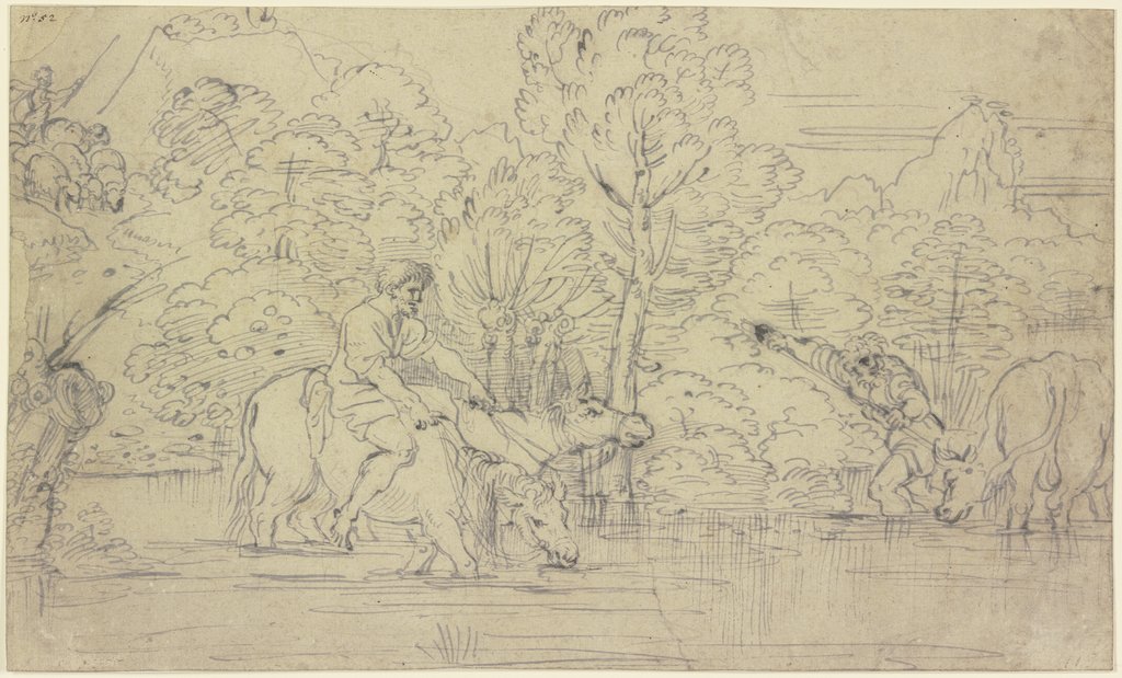 Drei Hirten mit Schafen, Eseln und einem Rind an der Tränke, Italienisch, 16. Jahrhundert;   ?, nach Tizian