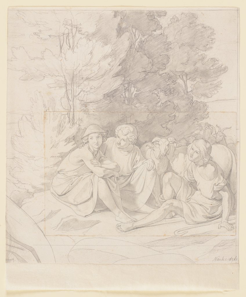 Drei Hirten mit Schafen und Ziegen an einer Baumgruppe sitzend, Gustav Heinrich Naeke