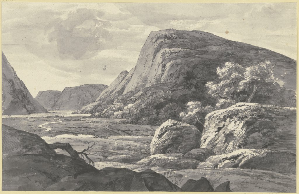 Flusstal mit Kapelle und Wanderer, Louis Gurlitt