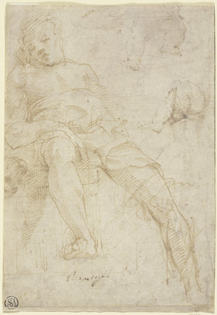 Schlafender Jüngling in Gegenrichtung zum Jüngling in Mantegnas Bacchanal mit Weinfass, ferner Beinstudien zu zwei Putten, Andrea Mantegna;   ?