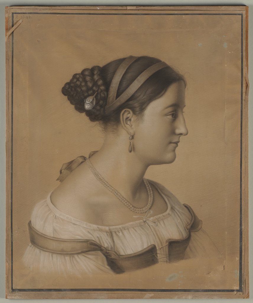 Brustbild einer junge Römerin im Profil nach rechts mit einer Perlenschnur um den Hals, Theodor Pelissier