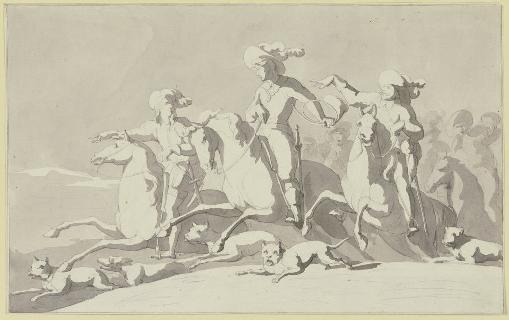 Der wilde Reiter: Drei Reiter mit Gefolge nach links springend, mit fünf Hunden, Franz Pforr