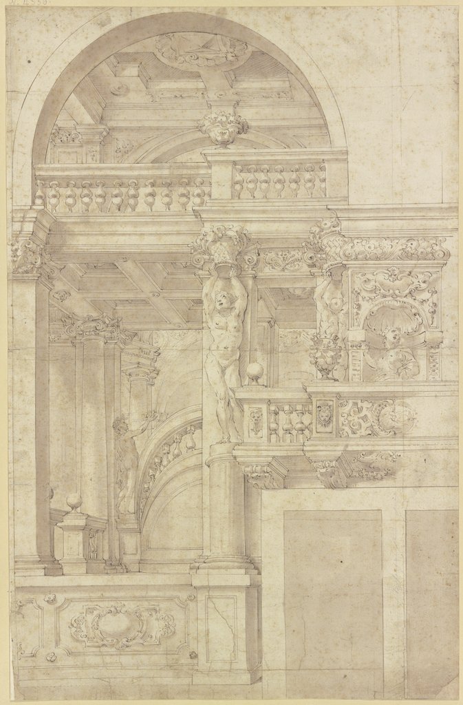 Treppe in einer mit Karyatiden geschmückten Säulenhalle, Antonio Roli, nach Angelo Michele Colonna, nach Agostino Mitelli