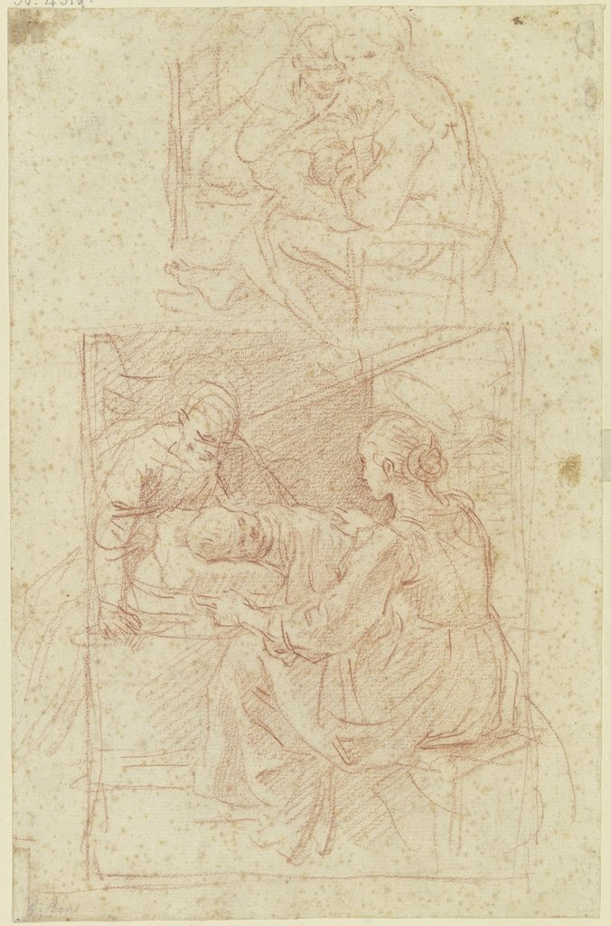 Heilige Familie, das Kind liegt im Bett, oben ein zweiter Entwurf, Guido Reni;   ?