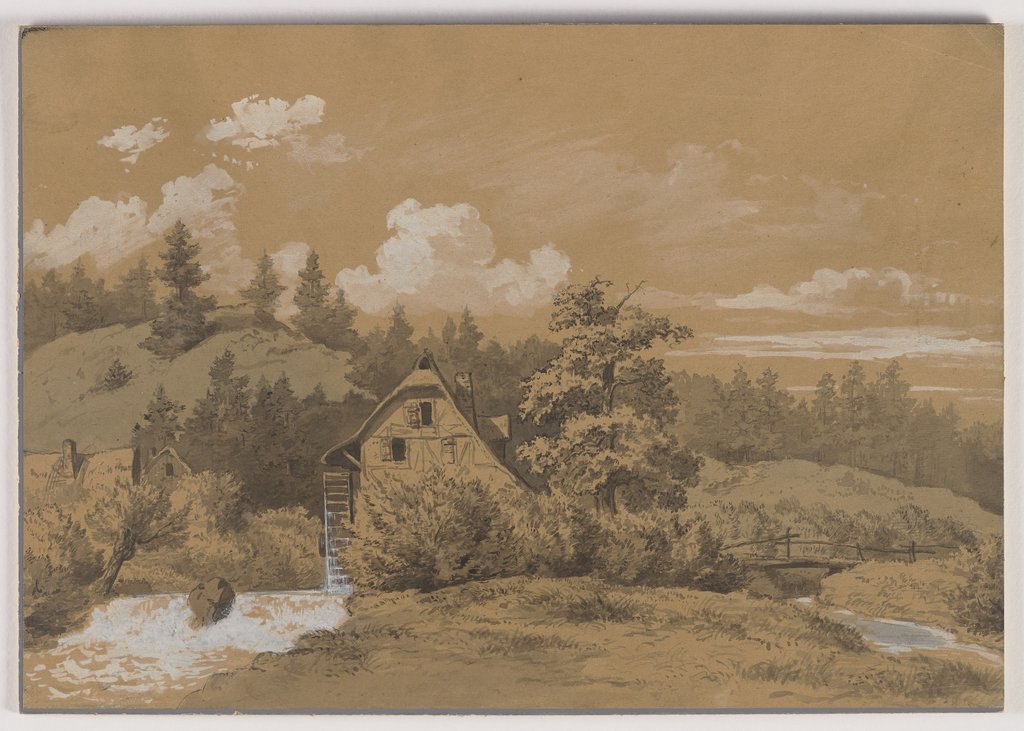 Landschaft mit Fachwerkhaus und Kaskade, Carl Roux