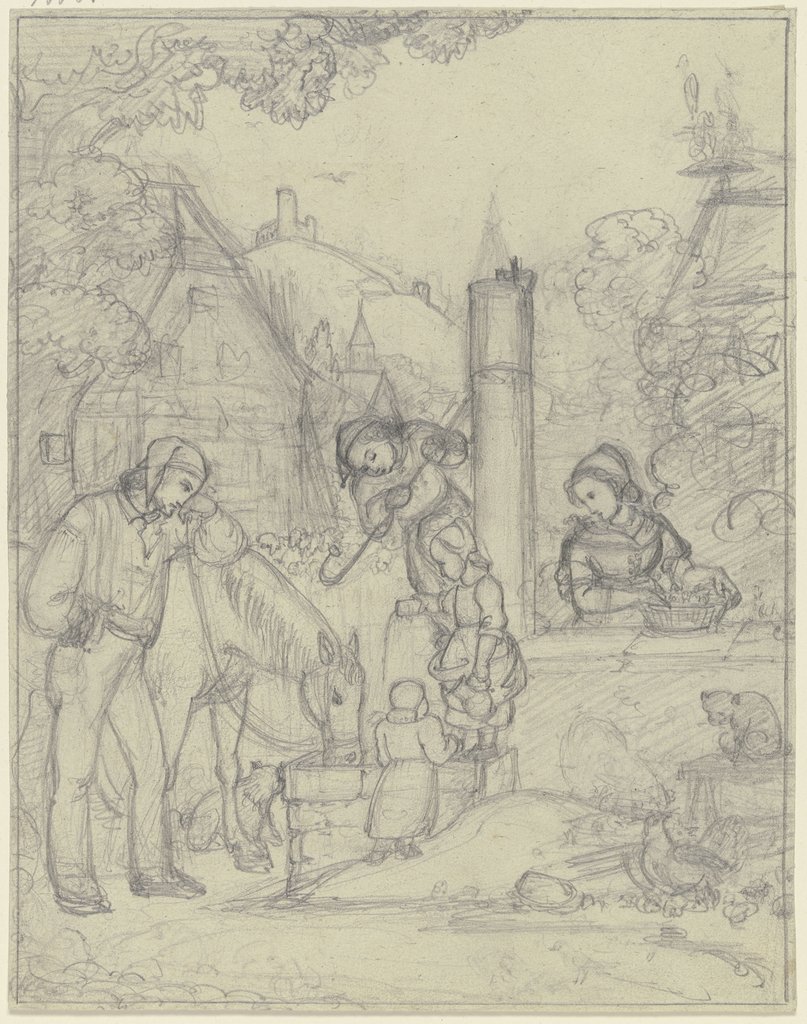 Knecht mit Pferd und Bauernkindern an einem Dorfbrunnen, Karl Sandhaas