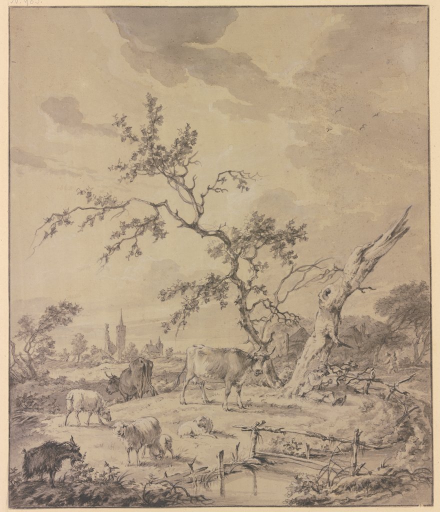 Hirtenknabe mit Rindern, Schafen und Ziegen bei einem dürren und einem abgestorbenen Baum, im Hintergrund Ruinen, ein Turm und eine Kirche, Adrianus de Visser