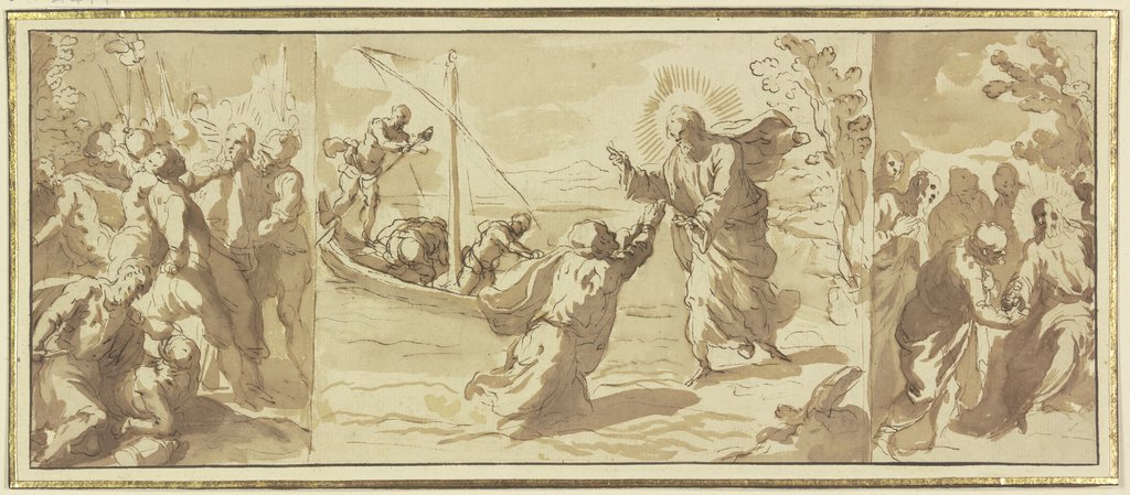 Jesus geht über das Wasser, links die Gefangennahme Jesu, rechts Jesus und die Apostel, Taddeo Zuccari;   ?