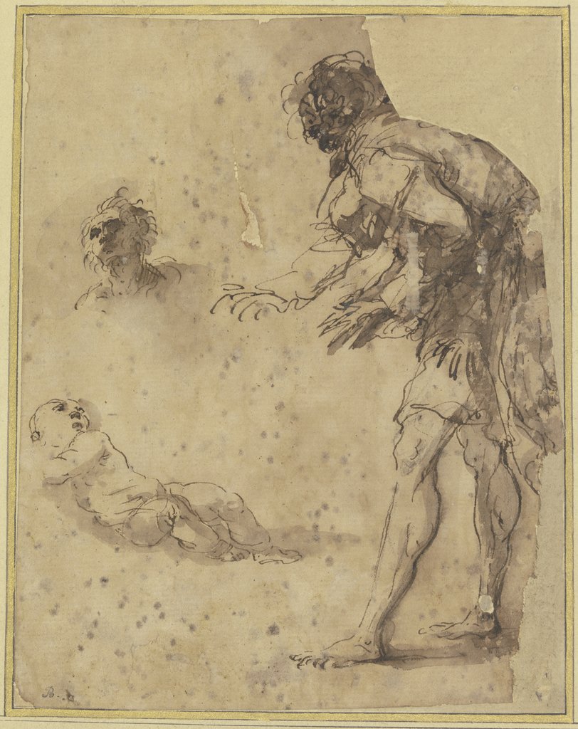 Stehender Mann mit einem Säugling am Boden; Kopfstudie, Salvator Rosa