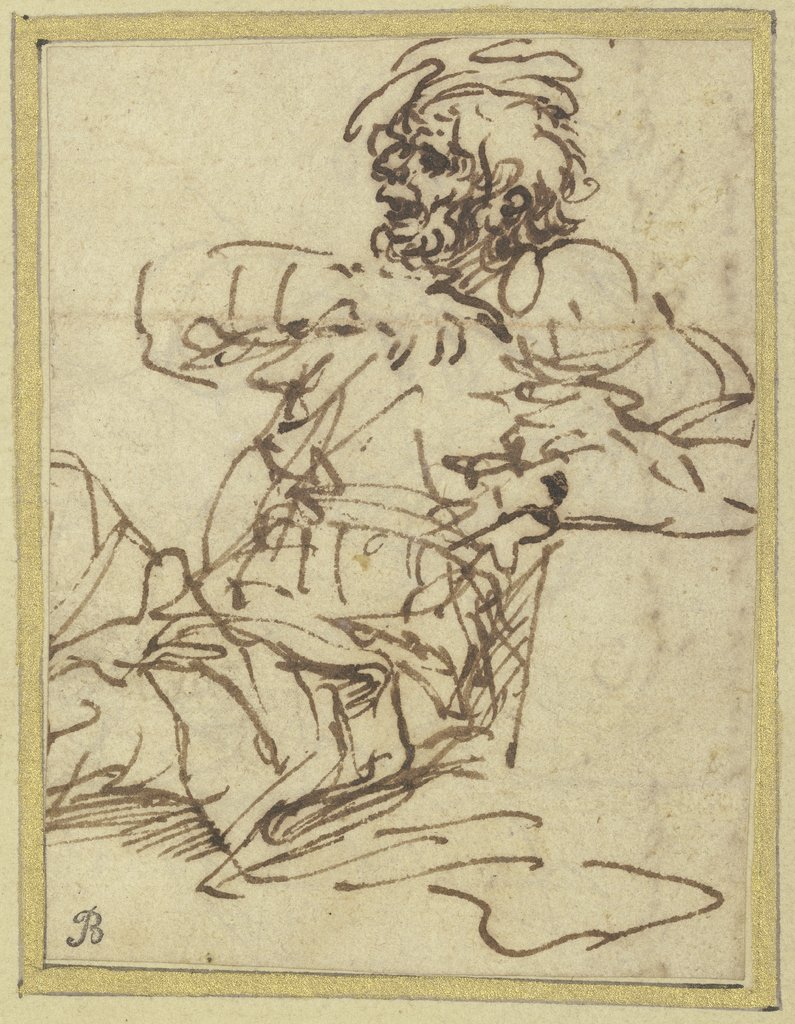 Am Boden sitzender, bärtiger Mann mit Mütze, Salvator Rosa