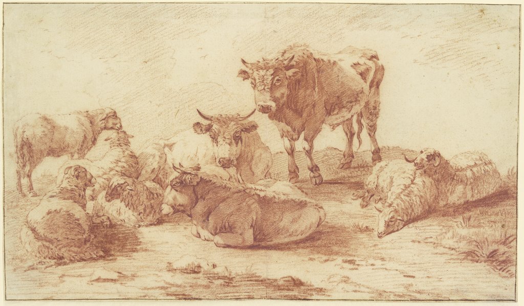 Gruppe von drei Ochsen und sechs Schafen, Willem Romeyn