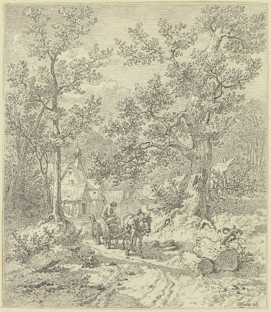 Waldinneres mit Bauer auf Fuhrwerk, Heinrich Winter