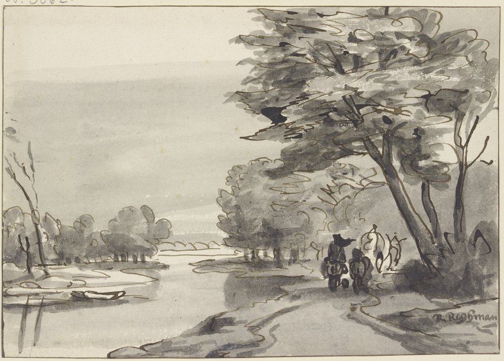 Fluss mit waldigem Ufer, rechts ein Wagen und Reiter, Roelant Roghman