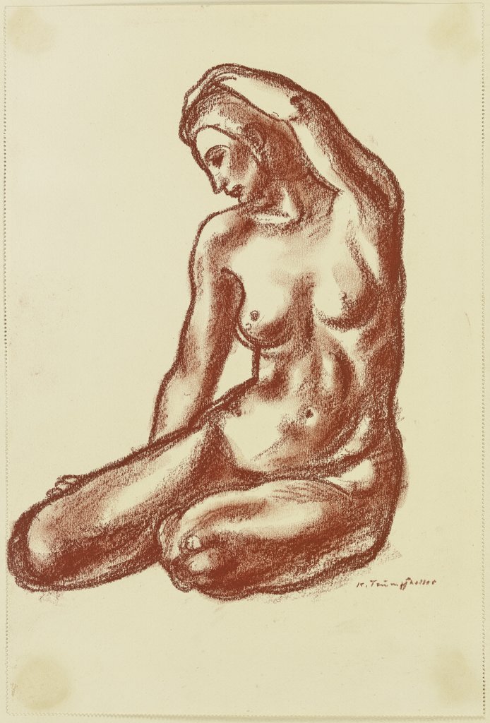 Am Boden sitzender weiblicher Akt, den linken Arm über den Kopf gelegt, Karl Trumpfheller