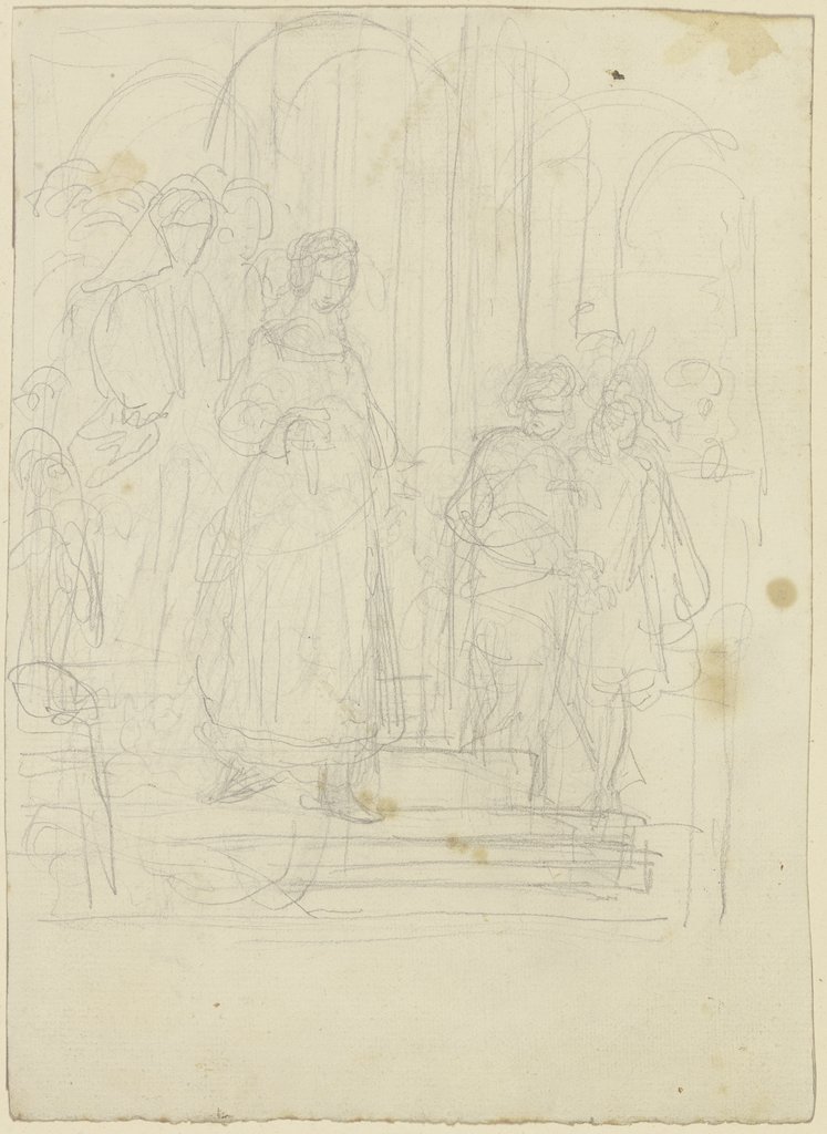Dame mit Gefolge schreitet eine Treppe herab, rechts zwei Männer (Gretchen?), Philipp Winterwerb