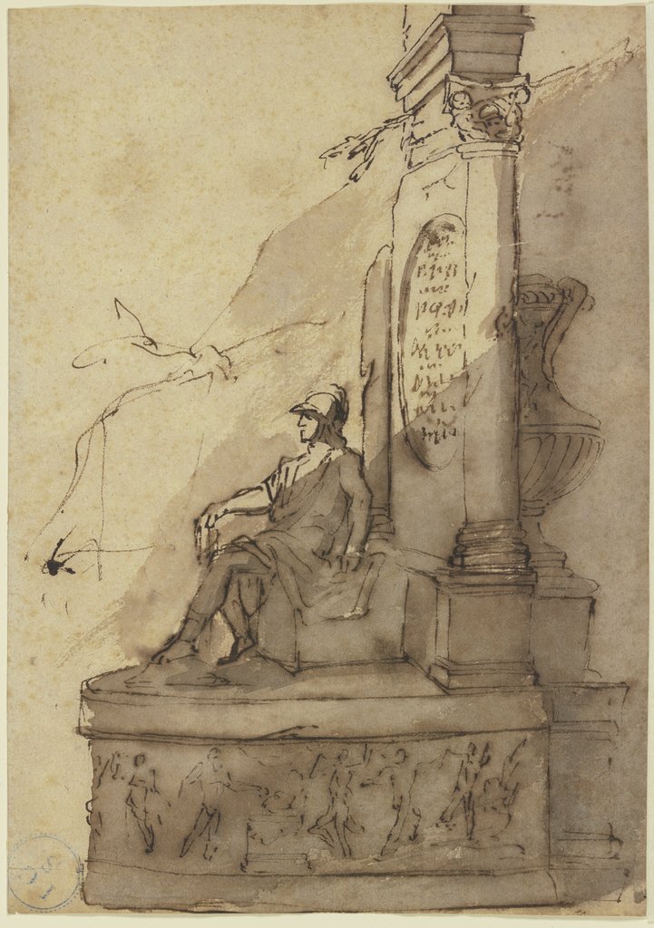 Bildwerk eines auf dem Sockel eines Monuments sitzenden Kriegers, Jacques van Schuppen