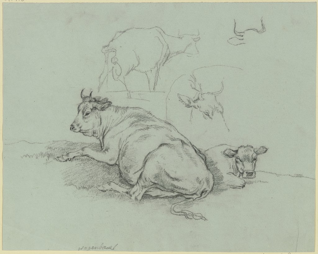 Liegende Kuh mit Kalb sowie weitere Rinder, Max Joseph Wagenbauer