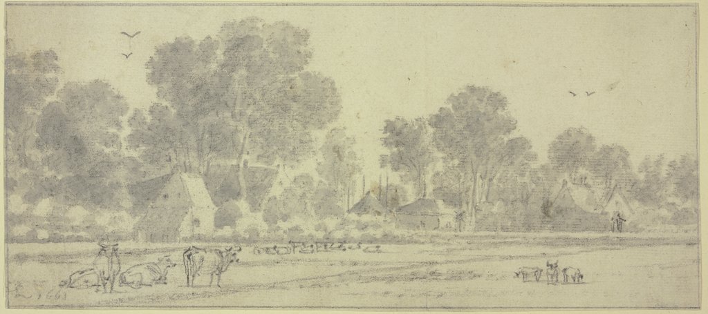 Bei einer Wiese Hütten unter Bäumen, vorne Herden, Cornelis Saftleven