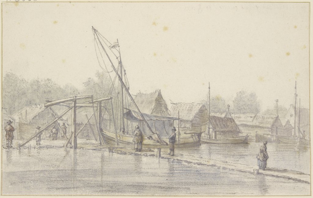 Schleusentor an einem Damm, auf dem Kanal viele Schiffe, Cornelis Saftleven