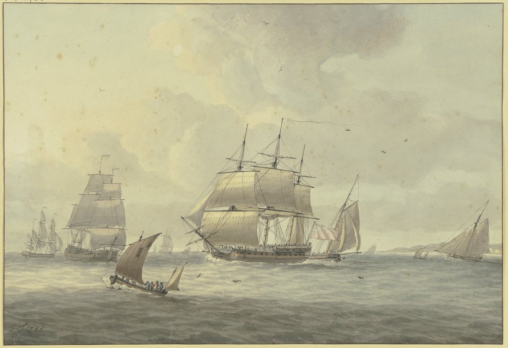 Leicht bewegte See, unter vielen Schiffen ein Dreimaster mit vollen Segeln nach links, vorne ein Segelboot, Dominic Serres