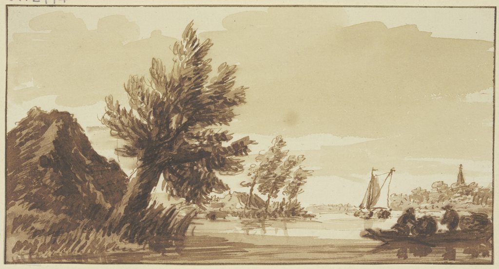 Flußgegend, rechts ein Kran, links ein Weidenbaum, Hendrik Spilman