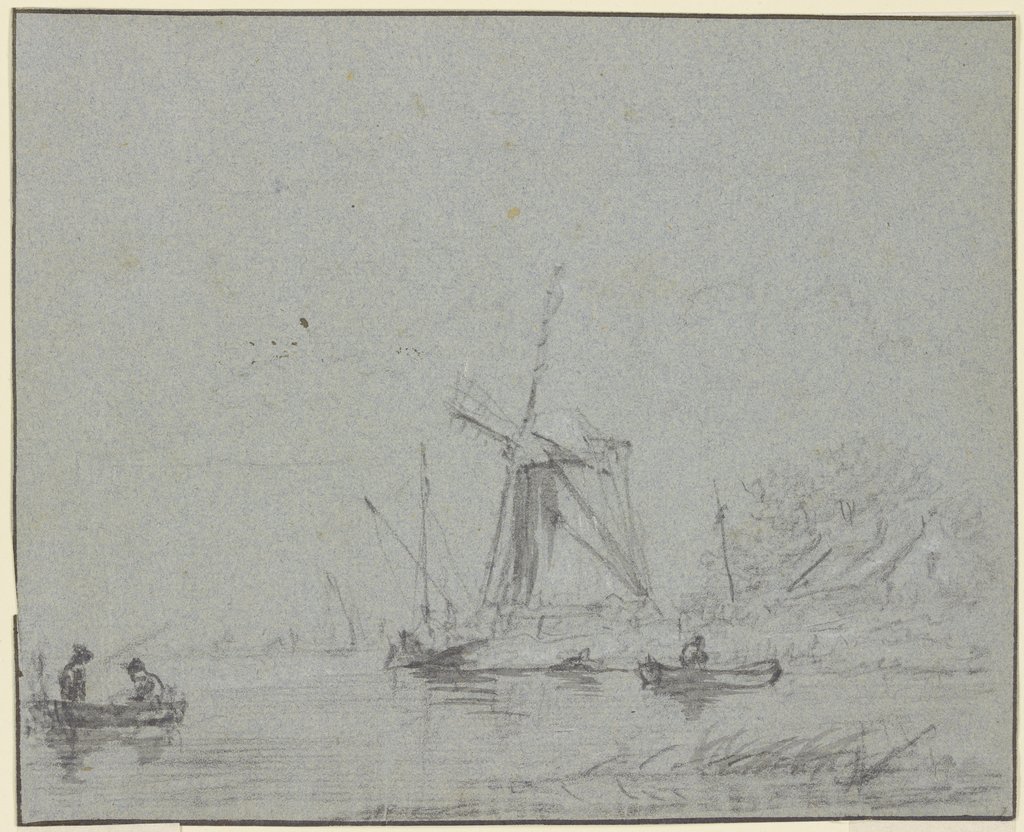 Windmühle am Wasser, vorne zwei Kähne, Jacob Isaacksz. van Ruisdael