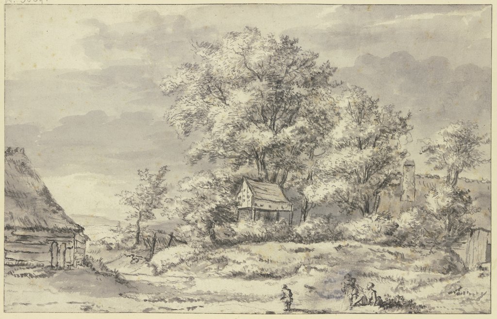 Baumgruppe mit Hütten, Mann mit Frau, links Knabe, Jacob Isaacksz. van Ruisdael;   ?