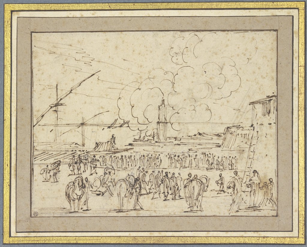 Seehafen mit einer Galeere, viele Figuren am Ufer, Stefano della Bella