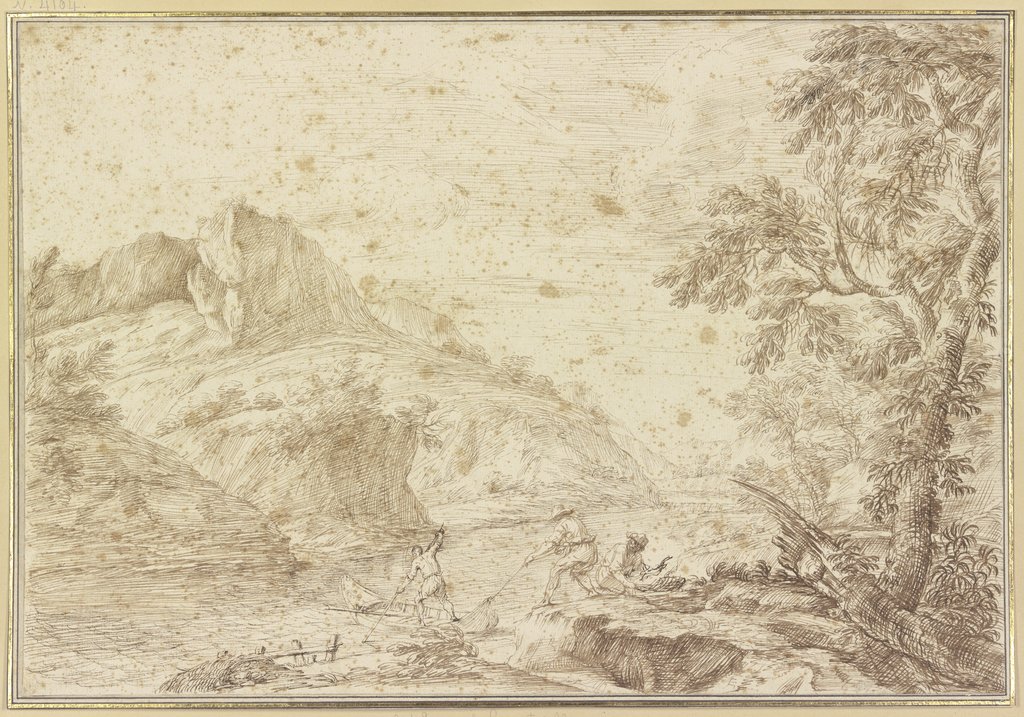 Kleiner Fluß an einer Felspartie, Fischer ziehen einen Kahn ans Ufer, Pietro Francesco Cittadini