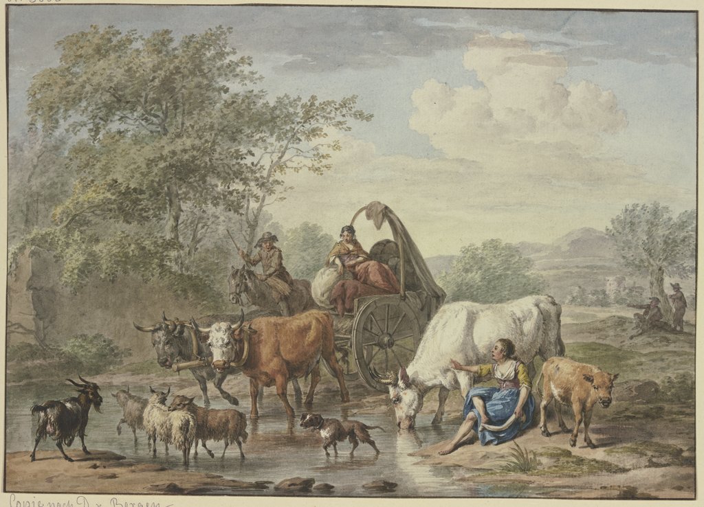 Hirten fahren mit einem Wagen durchs Wasser, rechts eine Hirtin, die sich die Füße wäscht, bei einer weißen Kuh, Aert Schouman