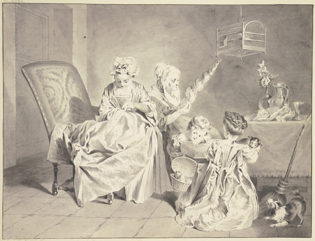 In einem Zimmer spinnt eine alte Frau, eine junge Frau näht, dabei zwei Kinder mit Hund und Katze, Aert Schouman, nach Jean-Antoine Watteau