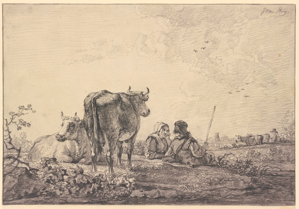 Hirtenpaar auf einer Weide bei der Rinderherde lagernd, Jacob van Strij