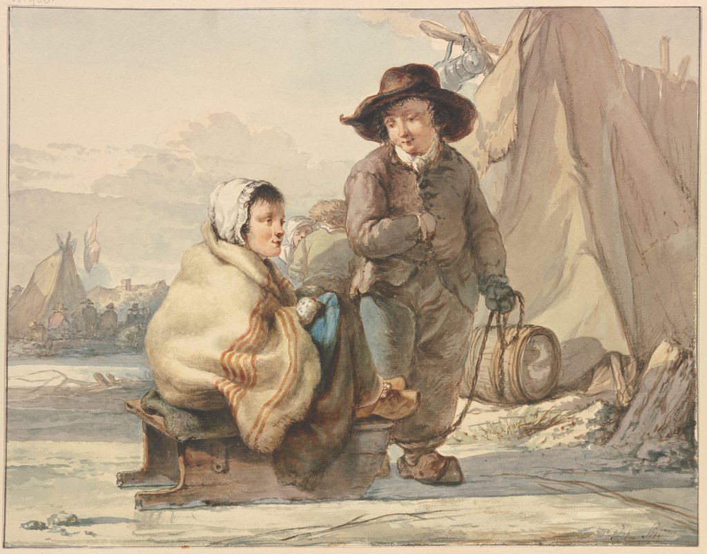 Mädchen auf einem Schlitten, daneben ein Junge, in einem Lager, Jacob van Strij