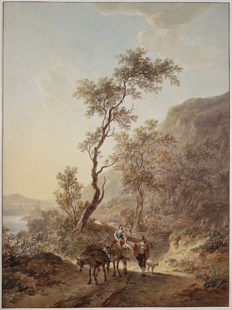 Italianisierende Landschaft mit Hirtenpaar auf einem Feldweg, Jacob van Strij