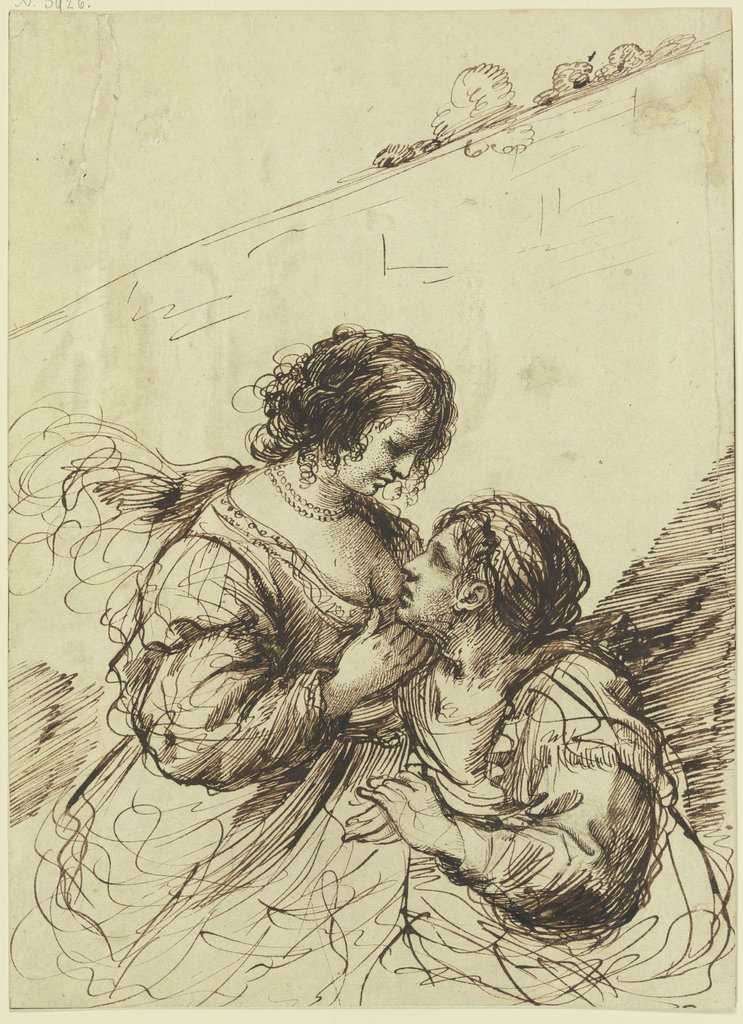 Vor einer hohen Mauer zwei Frauen einander liebkosend, Guercino (Giovanni Francesco Barbieri);  Nachahmer