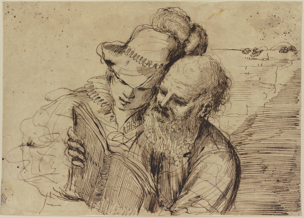 Ein alter und ein junger Mann in einem Buch lesend, Brustbild, Guercino (Giovanni Francesco Barbieri);  Nachahmer