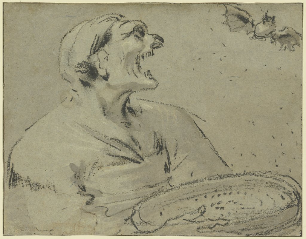 Fratzengesicht nach einer Fledermaus sehend, Guercino (Giovanni Francesco Barbieri);   ?