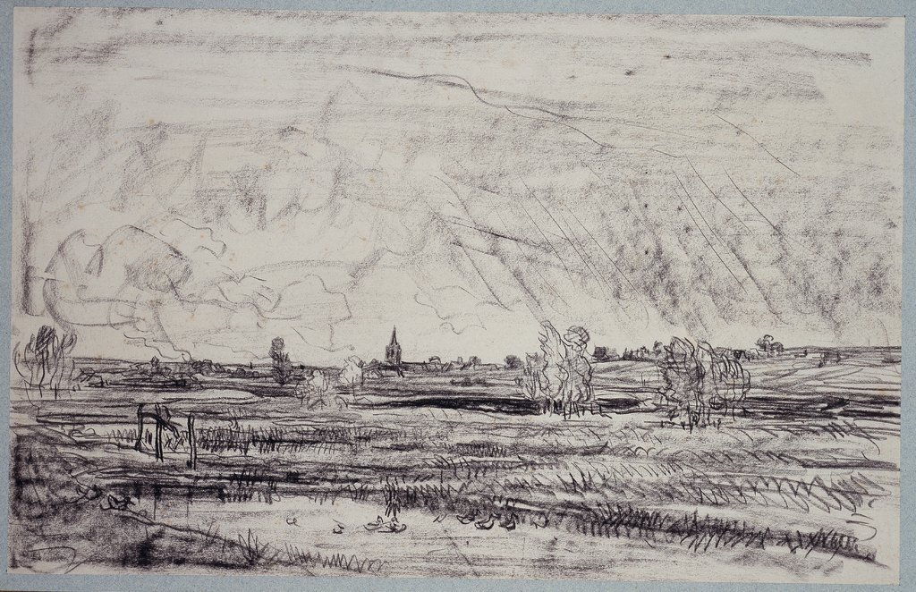 Flachlandschaft mit Kirchturm bei Regenwetter, Charles François Daubigny;   zugeschrieben