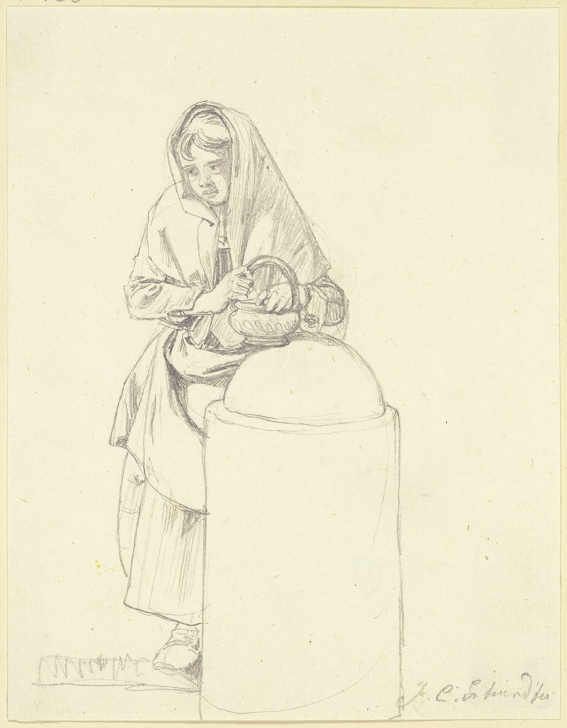 Mädchen mit einem Korbe an einem Radabweisestein stehend, Johann Christoph Erhard