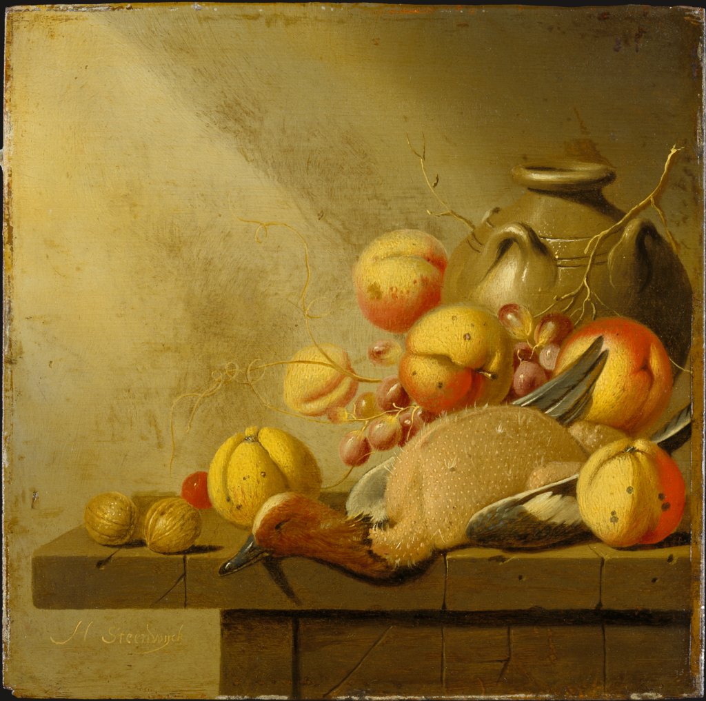 Stillleben mit Früchten und einer gerupften Ente, Harmen van Steenwijck