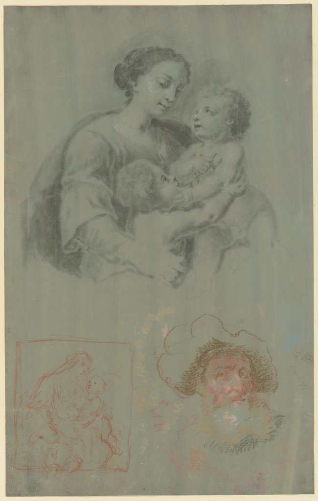 Studienblatt mit einer Madonna mit dem Kind und dem Johannesknaben, dazu ein bärtiger Mann mit Mütze, Heinrich Friedrich Füger