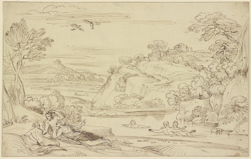 Landschaft mit badenden Nymphen, Giovanni Francesco Grimaldi;   ?