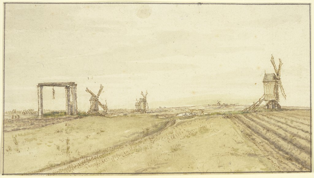 Flache Landschaft mit Windmühlen und Galgen, Gillis Neyts