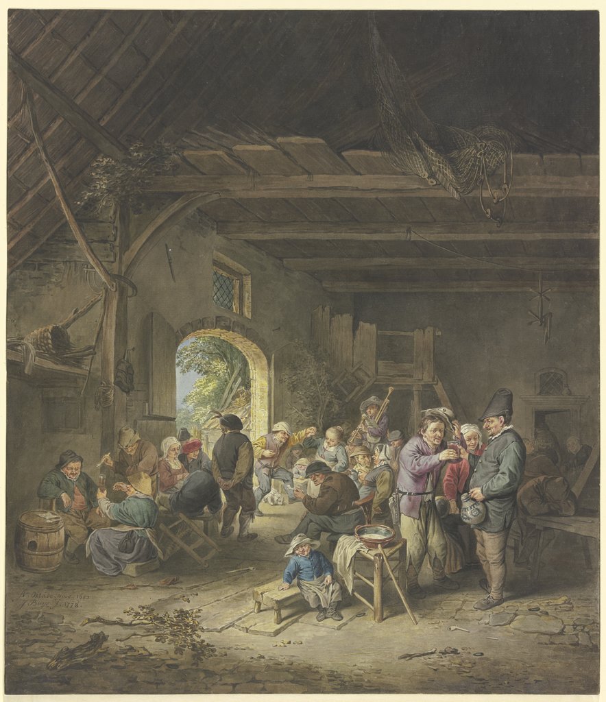 Feiernde Bauern in einer Scheune, Jacobus Buys, nach Adriaen van Ostade