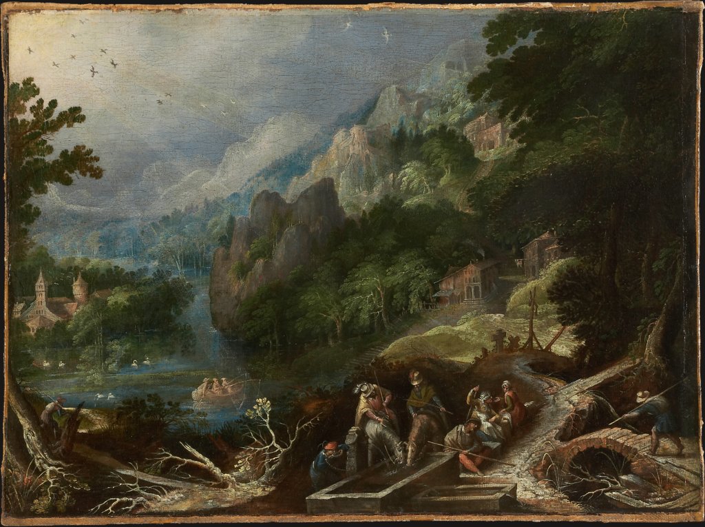 Mountain Landscape with Travelers at a Well, Frederik van Valckenborch