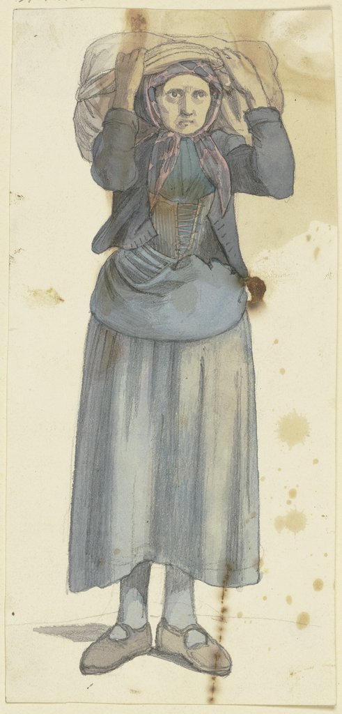 Alte Frau, ein Bündel auf den Schultern tragend, Jakob Becker